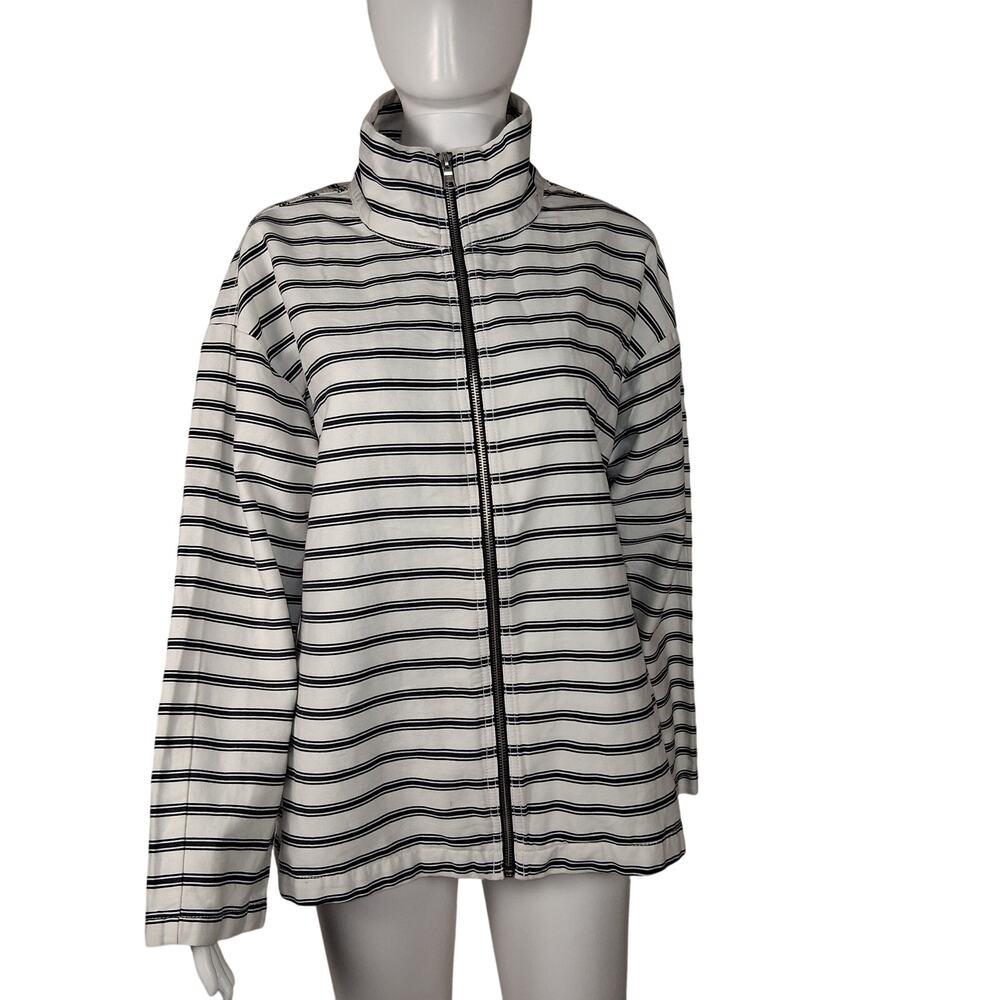 Liz Claiborne Size M Mockneck Zip Up Horizontal Striped Navy Blue White Pockets